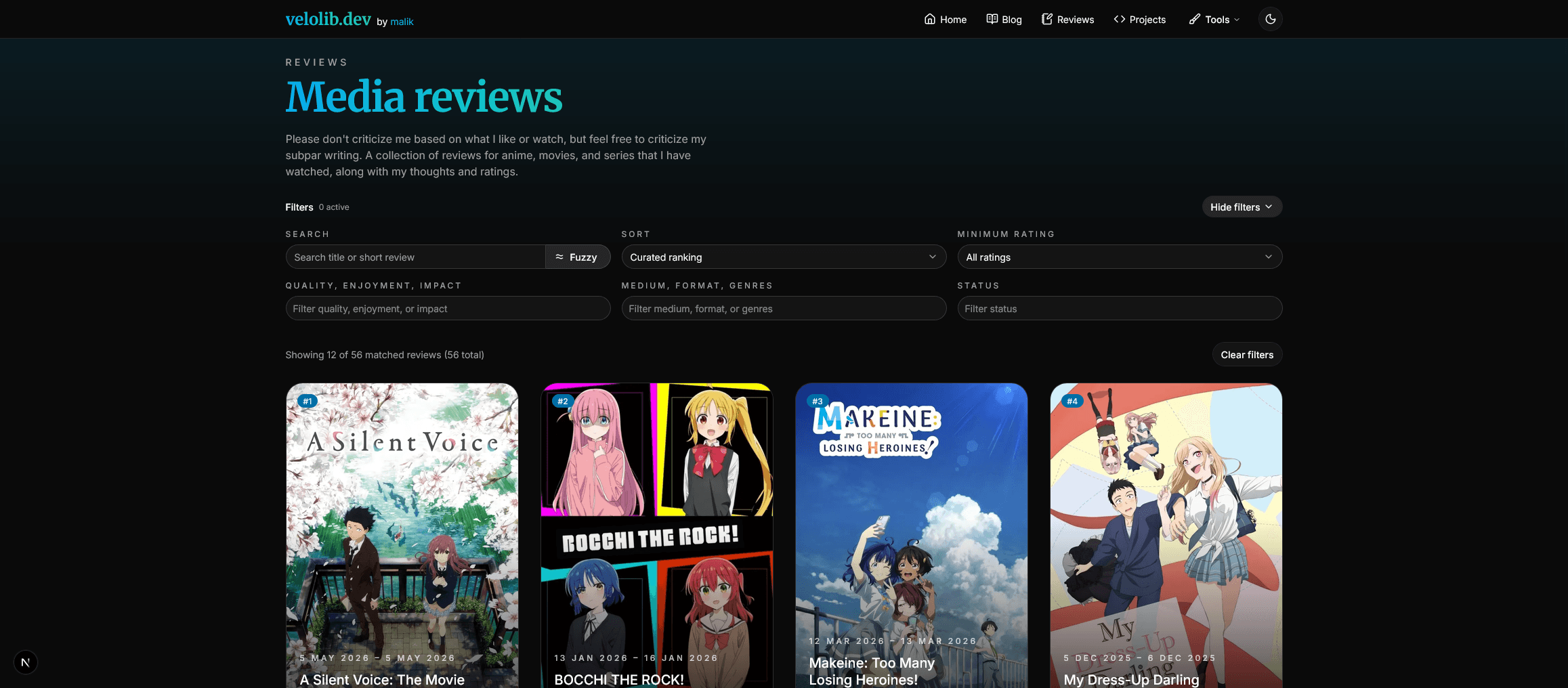 Media Reviews page of velolib.dev