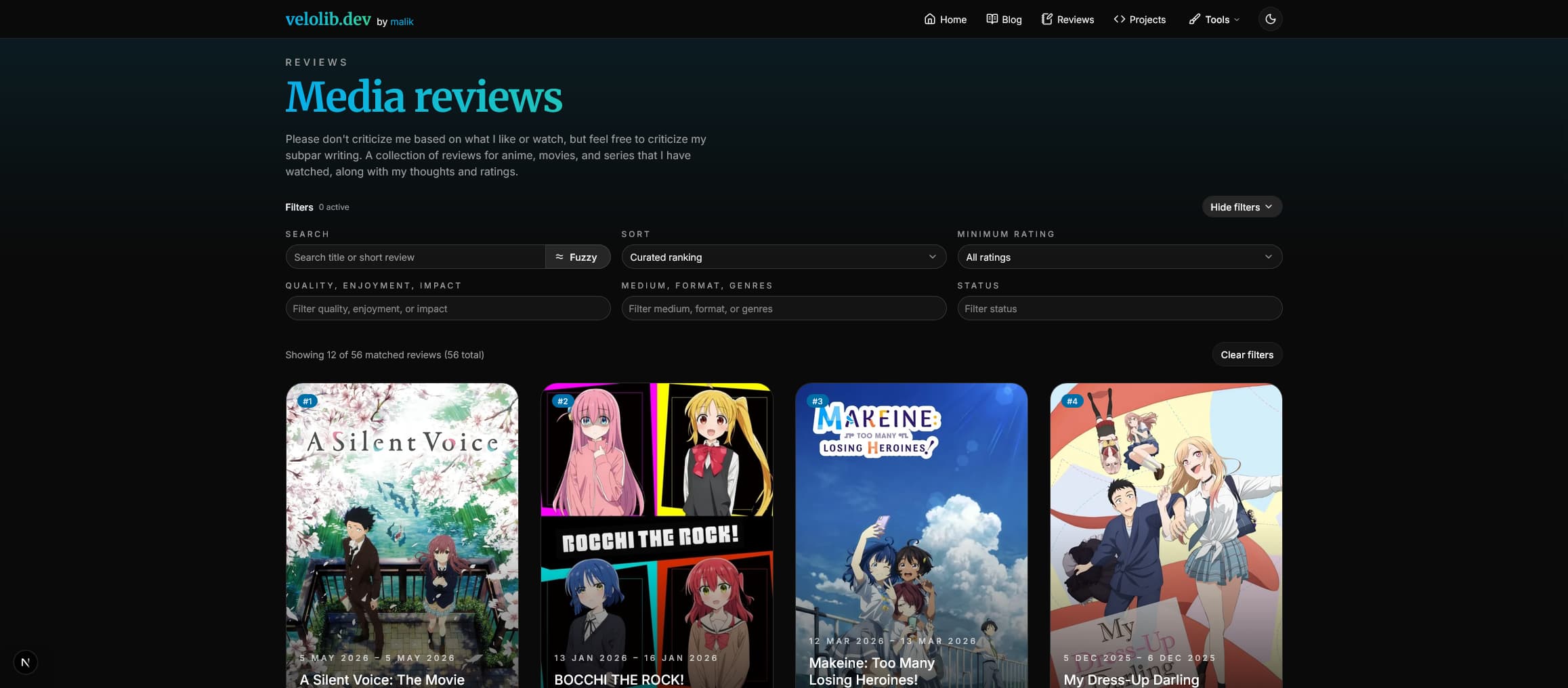 Media Reviews page of velolib.dev